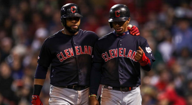 May 29, 2019; Boston, MA, USA; Cleveland Indians first baseman Carlos Santana (41) and shortstop Francisco Lindor (12) react after scoring during the sixth inning against the Boston Red Sox at Fenway Park. Mandatory Credit: Paul Rutherford-USA TODAY Sport May 29, 2019; Boston, MA, USA; Cleveland Indians first baseman Carlos Santana (41) and shortstop Francisco Lindor (12) react after scoring during the sixth inning against the Boston Red Sox at Fenway Park. Mandatory Credit: Paul Rutherford-USA TODAY Sport