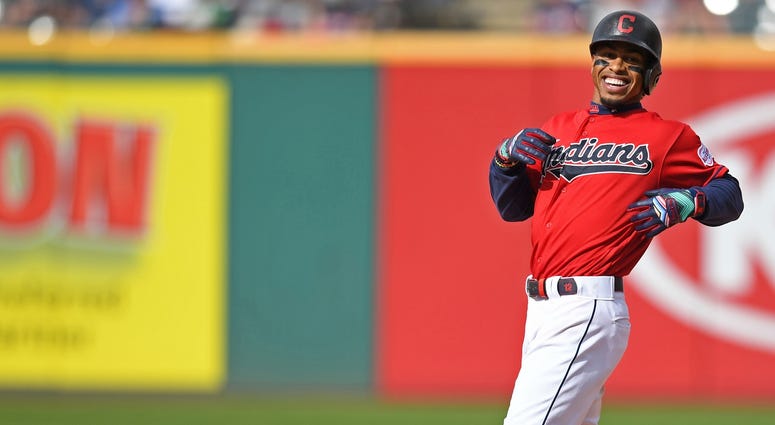 Jun 8, 2019; Cleveland, OH, USA; Cleveland Indians short stop Francisco Lindor (12) smiles towards the dugout after hitting a double in the fifth inning against the New York Yankees at Progressive Field. Mandatory Credit: David Dermer-USA TODAY Sports Jun 8, 2019; Cleveland, OH, USA; Cleveland Indians short stop Francisco Lindor (12) smiles towards the dugout after hitting a double in the fifth inning against the New York Yankees at Progressive Field. Mandatory Credit: David Dermer-USA TODAY Sports