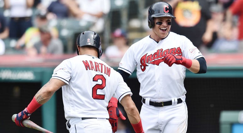Cleveland Indians first baseman Jake Bauers, right, celebrates with Cleveland Indians center fielder Leonys Martin (2) after hitting a home run during the seventh inning against the New York Yankees at Progressive Field. Cleveland Indians first baseman Jake Bauers, right, celebrates with Cleveland Indians center fielder Leonys Martin (2) after hitting a home run during the seventh inning against the New York Yankees at Progressive Field.