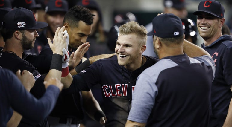 Jun 14, 2019; Detroit, MI, USA; Cleveland Indians left fielder Jake Bauers (10) celebrates with teammates in the dugout after hitting a two run home run against the Detroit Tigers during the eighth inning at Comerica Park. Mandatory Credit: Raj Mehta-USA Jun 14, 2019; Detroit, MI, USA; Cleveland Indians left fielder Jake Bauers (10) celebrates with teammates in the dugout after hitting a two run home run against the Detroit Tigers during the eighth inning at Comerica Park. Mandatory Credit: Raj Mehta-USA