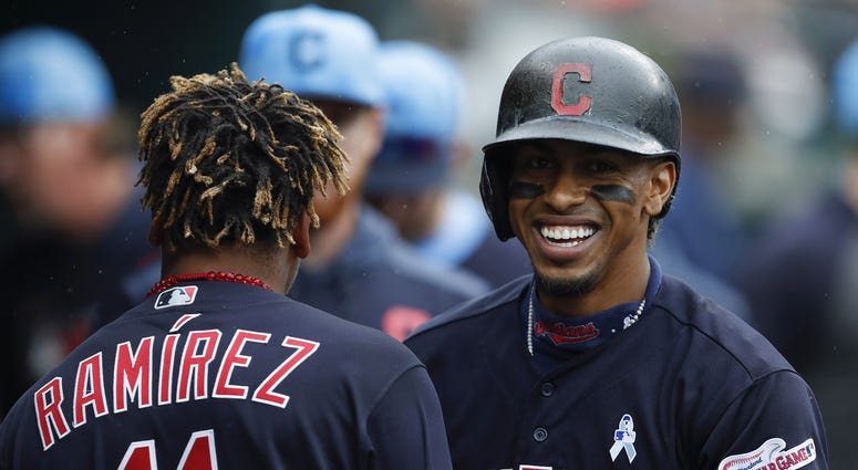 Jun 16, 2019; Detroit, MI, USA; Cleveland Indians shortstop Francisco Lindor (12) shares a laugh with second baseman Jose Ramirez (11) in the dugout during the third inning against the Detroit Tigers at Comerica Park. Mandatory Credit: Raj Mehta-USA TODAY Jun 16, 2019; Detroit, MI, USA; Cleveland Indians shortstop Francisco Lindor (12) shares a laugh with second baseman Jose Ramirez (11) in the dugout during the third inning against the Detroit Tigers at Comerica Park. Mandatory Credit: Raj Mehta-USA TODAY