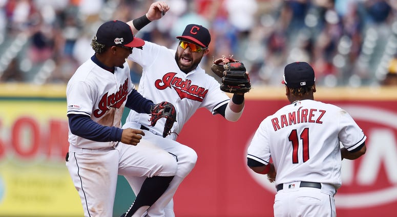 Jun 23, 2019; Cleveland, OH, USA; Cleveland Indians shortstop Francisco Lindor (12) and second baseman Jason Kipnis (22) and third baseman Jose Ramirez (11) celebrate after defeating the Detroit Tigers at Progressive Field. Mandatory Credit: Ken Blaze-USA Jun 23, 2019; Cleveland, OH, USA; Cleveland Indians shortstop Francisco Lindor (12) and second baseman Jason Kipnis (22) and third baseman Jose Ramirez (11) celebrate after defeating the Detroit Tigers at Progressive Field. Mandatory Credit: Ken Blaze-USA