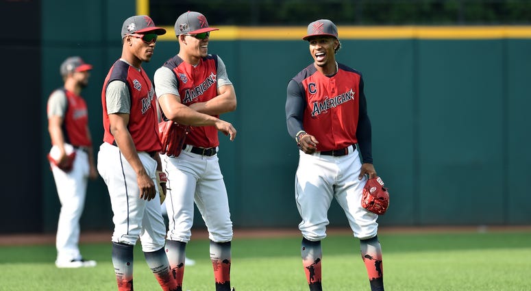 American League infielder Jorge Polanco of the Minnesota Twins (left), pitcher Jose Berrios of the Minnesota Twins (center) and infielder Francisco Lindor of the Cleveland Indians during workouts before the 2019 MLB All Star Game at Progressive Field. American League infielder Jorge Polanco of the Minnesota Twins (left), pitcher Jose Berrios of the Minnesota Twins (center) and infielder Francisco Lindor of the Cleveland Indians during workouts before the 2019 MLB All Star Game at Progressive Field.