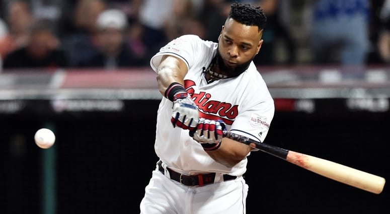 Jul 8, 2019; Cleveland, OH, USA; Cleveland Indians first baseman Carlos Santana (41) during the first round in the 2019 MLB Home Run Derby at Progressive Field. Mandatory Credit: Ken Blaze-USA TODAY Sports Jul 8, 2019; Cleveland, OH, USA; Cleveland Indians first baseman Carlos Santana (41) during the first round in the 2019 MLB Home Run Derby at Progressive Field. Mandatory Credit: Ken Blaze-USA TODAY Sports