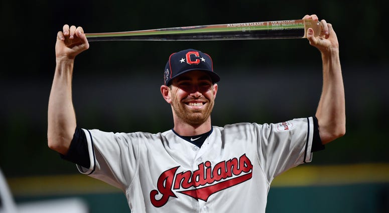 Jul 9, 2019; Cleveland, OH, USA; American League pitcher Shane Bieber (57) of the Cleveland Indians is awarded MVP in the 2019 MLB All Star Game at Progressive Field.