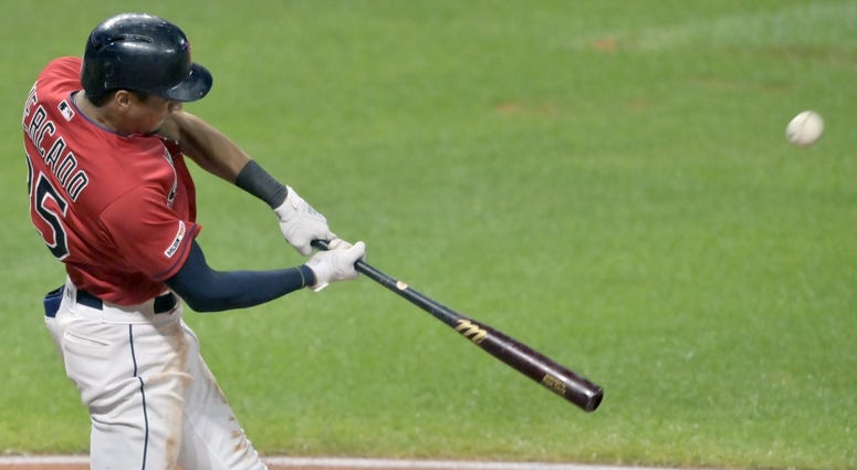 Cleveland Indians center fielder Oscar Mercado (35) hits a solo home run against the Detroit Tigers in the seventh inning at Progressive Field. Cleveland Indians center fielder Oscar Mercado (35) hits a solo home run against the Detroit Tigers in the seventh inning at Progressive Field.