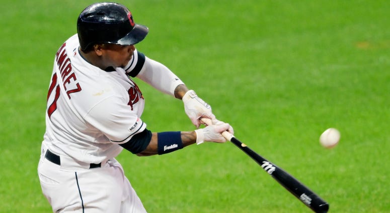 Jul 18, 2019; Cleveland, OH, USA; Cleveland Indians third baseman Jose Ramirez (11) hits a two-run home run against the Detroit Tigers in the sixth inning at Progressive Field. Mandatory Credit: David Richard-USA TODAY Sports Jul 18, 2019; Cleveland, OH, USA; Cleveland Indians third baseman Jose Ramirez (11) hits a two-run home run against the Detroit Tigers in the sixth inning at Progressive Field. Mandatory Credit: David Richard-USA TODAY Sports