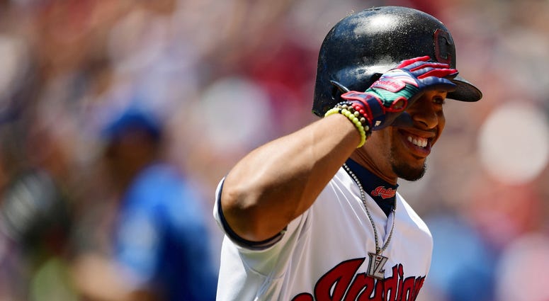 Jul 21, 2019; Cleveland, OH, USA; Cleveland Indians designated hitter Francisco Lindor (12) celebrates after hitting a home run during the third inning against the Kansas City Royals at Progressive Field. Mandatory Credit: David Dermer-USA TODAY Sports Jul 21, 2019; Cleveland, OH, USA; Cleveland Indians designated hitter Francisco Lindor (12) celebrates after hitting a home run during the third inning against the Kansas City Royals at Progressive Field. Mandatory Credit: David Dermer-USA TODAY Sports