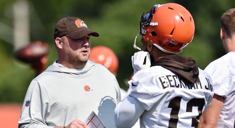 Cleveland Browns head coach Freddie Kitchens talks with wide receiver Odell Beckham (13) during training camp at the Cleveland Browns Training Complex. Cleveland Browns head coach Freddie Kitchens talks with wide receiver Odell Beckham (13) during training camp at the Cleveland Browns Training Complex.