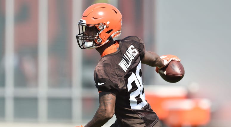 Cleveland Browns cornerback Greedy Williams (26) celebrates an interception during training camp at the Cleveland Browns Training Complex. Cleveland Browns cornerback Greedy Williams (26) celebrates an interception during training camp at the Cleveland Browns Training Complex.
