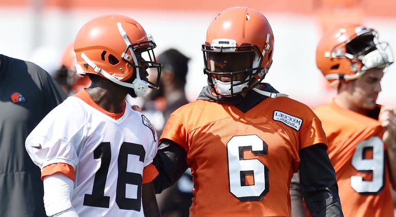 Cleveland Browns quarterback Baker Mayfield (6) talks with wide receiver Ishmael Hyman (16) during training camp at the Cleveland Browns Training Complex. Cleveland Browns quarterback Baker Mayfield (6) talks with wide receiver Ishmael Hyman (16) during training camp at the Cleveland Browns Training Complex.