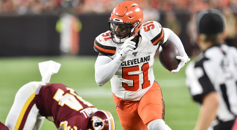Cleveland Browns linebacker Mack Wilson (51) returns an interception for a touchdown during the first half against the Washington Redskins at FirstEnergy Stadium. Cleveland Browns linebacker Mack Wilson (51) returns an interception for a touchdown during the first half against the Washington Redskins at FirstEnergy Stadium.
