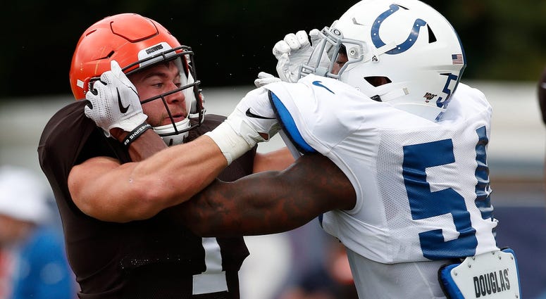Indianapolis Colts linebacker Ahmad Thomas (54) battles Cleveland Browns running back A.J. Ouellette (1) during their preseason training camp practice at Grand Park in Westfield on Wednesday, August 14, 2019. Colts Preseason Training Camp Indianapolis Colts linebacker Ahmad Thomas (54) battles Cleveland Browns running back A.J. Ouellette (1) during their preseason training camp practice at Grand Park in Westfield on Wednesday, August 14, 2019. Colts Preseason Training Camp
