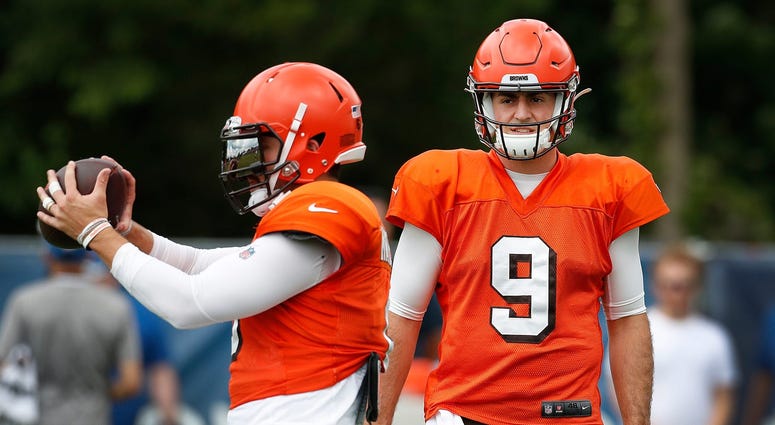 Former Purdue Boilermaker now Cleveland Browns quarterback David Blough (9) watches Browns quarterback Baker Mayfield (6) during their preseason training camp practice at Grand Park in Westfield on Wednesday, August 14, 2019. Colts Preseason Training Camp Former Purdue Boilermaker now Cleveland Browns quarterback David Blough (9) watches Browns quarterback Baker Mayfield (6) during their preseason training camp practice at Grand Park in Westfield on Wednesday, August 14, 2019. Colts Preseason Training Camp