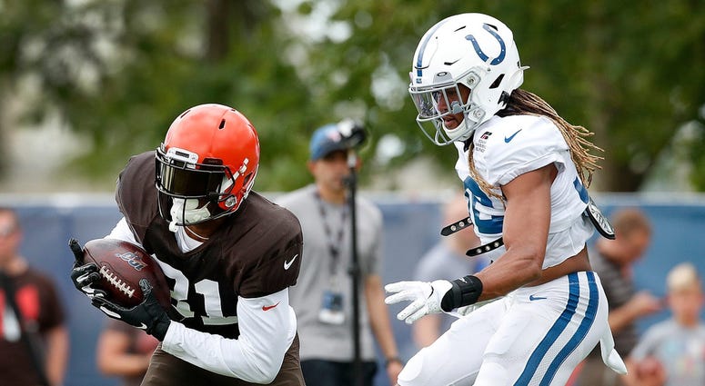 Cleveland Browns wide receiver Rashard Higgins (81) runs by Indianapolis Colts cornerback Jalen Collins (32) during their preseason training camp practice at Grand Park in Westfield on Wednesday, August 14, 2019. Colts Preseason Training Camp Cleveland Browns wide receiver Rashard Higgins (81) runs by Indianapolis Colts cornerback Jalen Collins (32) during their preseason training camp practice at Grand Park in Westfield on Wednesday, August 14, 2019. Colts Preseason Training CampCleveland Bro