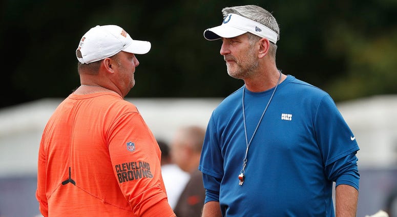 Indianapolis Colts head coach Frank Reich talks with Cleveland Browns head coach Freddie Kitchens during their preseason training camp practice at Grand Park in Westfield on Wednesday, August 14, 2019. Colts Preseason Training Camp Indianapolis Colts head coach Frank Reich talks with Cleveland Browns head coach Freddie Kitchens during their preseason training camp practice at Grand Park in Westfield on Wednesday, August 14, 2019. Colts Preseason Training Camp