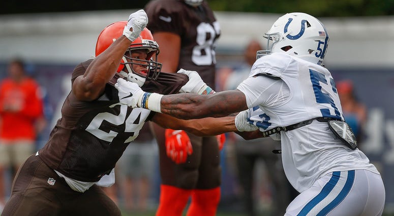 Indianapolis Colts outside linebacker Darius Leonard (53) handles Cleveland Browns running back Nick Chubb (24) during their preseason training camp practice at Grand Park in Westfield on Wednesday, August 14, 2019. Colts Preseason Training Camp Indianapolis Colts outside linebacker Darius Leonard (53) handles Cleveland Browns running back Nick Chubb (24) during their preseason training camp practice at Grand Park in Westfield on Wednesday, August 14, 2019. Colts Preseason Training Camp