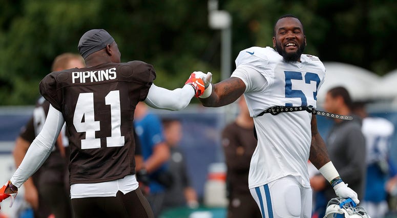 Indianapolis Colts outside linebacker Darius Leonard (53) greets Cleveland Browns cornerback Lenzy Pipkins (41) during their preseason training camp practice at Grand Park in Westfield on Wednesday, August 14, 2019. Colts Preseason Training Camp Indianapolis Colts outside linebacker Darius Leonard (53) greets Cleveland Browns cornerback Lenzy Pipkins (41) during their preseason training camp practice at Grand Park in Westfield on Wednesday, August 14, 2019. Colts Preseason Training Camp
