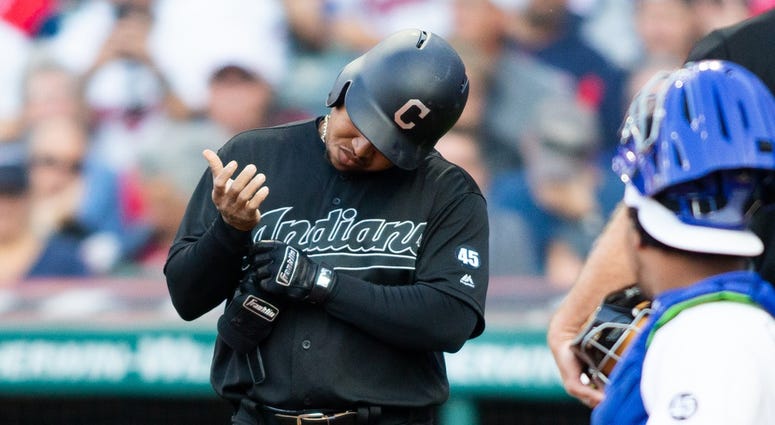 Aug 24, 2019; Cleveland, OH, USA; Cleveland Indians third baseman Jose Ramirez (11) looks at his wrist following a pitch by Kansas City Royals starting pitcher Glenn Sparkman (not pictured) during the first inning during an MLB Players' Weekend game at Pr Aug 24, 2019; Cleveland, OH, USA; Cleveland Indians third baseman Jose Ramirez (11) looks at his wrist following a pitch by Kansas City Royals starting pitcher Glenn Sparkman (not pictured) during the first inning during an MLB Players' Weekend game at Pr