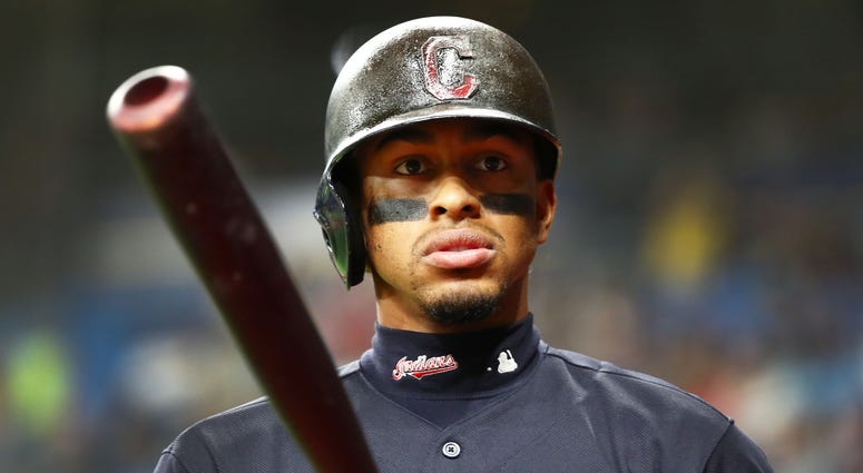 Aug 30, 2019; St. Petersburg, FL, USA; Cleveland Indians shortstop Francisco Lindor (12) on deck to bat during the second inning against the Tampa Bay Rays at Tropicana Field. Mandatory Credit: Kim Klement-USA TODAY Sports Aug 30, 2019; St. Petersburg, FL, USA; Cleveland Indians shortstop Francisco Lindor (12) on deck to bat during the second inning against the Tampa Bay Rays at Tropicana Field. Mandatory Credit: Kim Klement-USA TODAY Sports