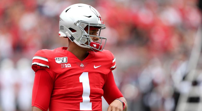 Aug 31, 2019; Columbus, OH, USA; Ohio State Buckeyes quarterback Justin Fields (1) before the game against the Florida Atlantic Owls at Ohio Stadium. Mandatory Credit: Joe Maiorana-USA TODAY Sports Aug 31, 2019; Columbus, OH, USA; Ohio State Buckeyes quarterback Justin Fields (1) before the game against the Florida Atlantic Owls at Ohio Stadium. Mandatory Credit: Joe Maiorana-USA TODAY Sports