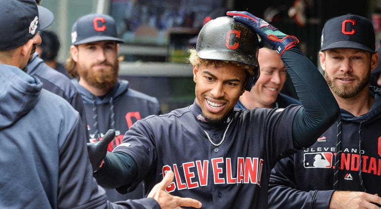 Sep 8, 2019; Minneapolis, MN, USA; Cleveland Indians shortstop Francisco Lindor (12) reacts with teammates after hitting a home run off Minnesota Twins starting pitcher Devin Smeltzer (not shown) during the fifth inning at Target Field. Mandatory Credit: Sep 8, 2019; Minneapolis, MN, USA; Cleveland Indians shortstop Francisco Lindor (12) reacts with teammates after hitting a home run off Minnesota Twins starting pitcher Devin Smeltzer (not shown) during the fifth inning at Target Field. Mandatory Credit: