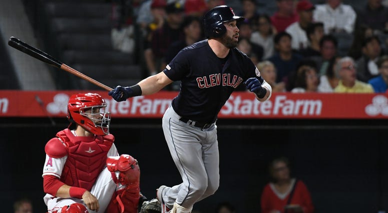 Sep 9, 2019; Anaheim, CA, USA; Cleveland Indians second baseman Jason Kipnis (22) hits a two run home run against the Los Angeles Angels in the second inning at Angel Stadium of Anaheim. Mandatory Credit: Richard Mackson-USA TODAY Sports Sep 9, 2019; Anaheim, CA, USA; Cleveland Indians second baseman Jason Kipnis (22) hits a two run home run against the Los Angeles Angels in the second inning at Angel Stadium of Anaheim. Mandatory Credit: Richard Mackson-USA TODAY Sports