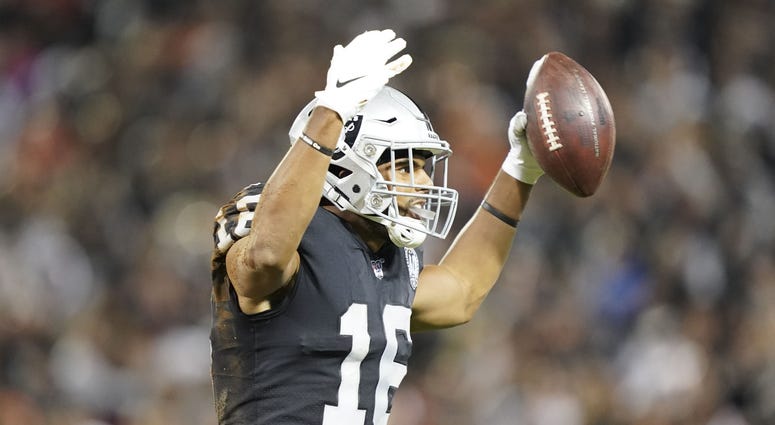 September 9, 2019; Oakland, CA, USA; Oakland Raiders wide receiver Tyrell Williams (16) celebrates after making a catch against the Denver Broncos during the second quarter at Oakland Coliseum. Mandatory Credit: Kyle Terada-USA TODAY Sports September 9, 2019; Oakland, CA, USA; Oakland Raiders wide receiver Tyrell Williams (16) celebrates after making a catch against the Denver Broncos during the second quarter at Oakland Coliseum. Mandatory Credit: Kyle Terada-USA TODAY Sports