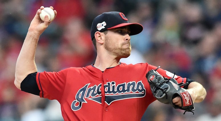 Sep 20, 2019; Cleveland, OH, USA; Cleveland Indians starting pitcher Shane Bieber (57) throws a pitch during the first inning against the Philadelphia Phillies at Progressive Field. Cleveland Indians pitcher Shane Bieber