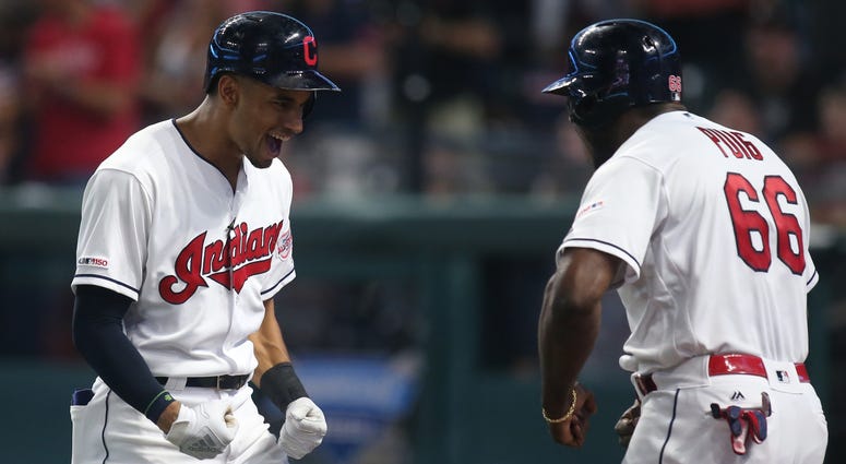 Sep 22, 2019; Cleveland, OH, USA; Cleveland Indians center fielder Oscar Mercado (left) celebrates his three run home run with right fielder Yasiel Puig (right) against the Philadelphia Phillies during the fifth inning at Progressive Field. Mandatory Cred Sep 22, 2019; Cleveland, OH, USA; Cleveland Indians center fielder Oscar Mercado (left) celebrates his three run home run with right fielder Yasiel Puig (right) against the Philadelphia Phillies during the fifth inning at Progressive Field. Mandatory Cred