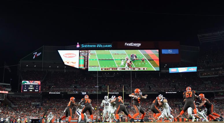 General overall view as Cleveland Browns quarterback Baker Mayfield (6) throws a pass in the second quarter against the Los Angeles Rams at FirstEnergy Stadium. General overall view as Cleveland Browns quarterback Baker Mayfield (6) throws a pass in the second quarter against the Los Angeles Rams at FirstEnergy Stadium.