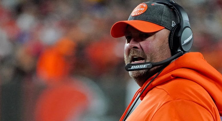 Sep 22, 2019; Cleveland, OH, USA; Cleveland Browns head coach Freddie Kitchens reacts against the Los Angeles Rams during the third quarter at FirstEnergy Stadium. Mandatory Credit: Kirby Lee-USA TODAY Sports