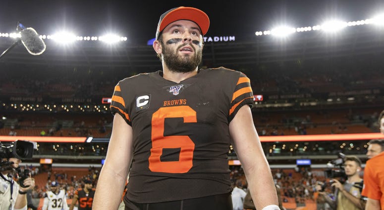 Sep 22, 2019; Cleveland, OH, USA; Cleveland Browns quarterback Baker Mayfield (6) after the game against the Los Angeles Rams at FirstEnergy Stadium. The Rams won 20-13. Mandatory Credit: Scott R. Galvin-USA TODAY Sports Sep 22, 2019; Cleveland, OH, USA; Cleveland Browns quarterback Baker Mayfield (6) after the game against the Los Angeles Rams at FirstEnergy Stadium. The Rams won 20-13. Mandatory Credit: Scott R. Galvin-USA TODAY Sports