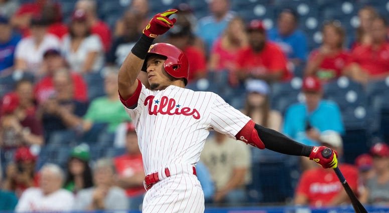 Sep 28, 2019; Philadelphia, PA, USA; Philadelphia Phillies second baseman Cesar Hernandez (16) hits a home run during the first inning against the Miami Marlins at Citizens Bank Park. Mandatory Credit: Bill Streicher-USA TODAY Sports Sep 28, 2019; Philadelphia, PA, USA; Philadelphia Phillies second baseman Cesar Hernandez (16) hits a home run during the first inning against the Miami Marlins at Citizens Bank Park. Mandatory Credit: Bill Streicher-USA TODAY Sports