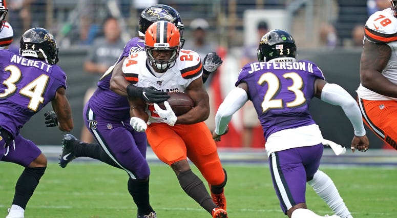 Cleveland Browns running back Nick Chubb (24) carries the ball against the Baltimore Ravens at M&T Bank Stadium. Cleveland Browns running back Nick Chubb (24) carries the ball against the Baltimore Ravens at M&T Bank Stadium.