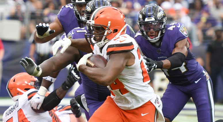 Sep 29, 2019; Baltimore, MD, USA; Cleveland Browns running back Nick Chubb (24) runs for a touchdown in the forth quarter in a football game against the Cleveland Browns at M&T Bank Stadium. Cleveland Browns running back Nick Chubb