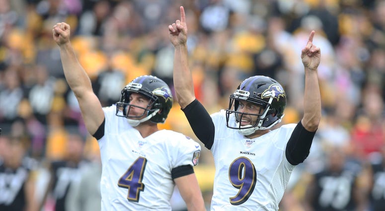 Baltimore Ravens punter Sam Koch (4) and kicker Justin Tucker (9) react after a game winning field goal by Tucker to defeat the Pittsburgh Steelers in overtime at Heinz Field. Baltimore Ravens punter Sam Koch (4) and kicker Justin Tucker (9) react after a game winning field goal by Tucker to defeat the Pittsburgh Steelers in overtime at Heinz Field.