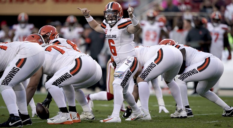 Oct 7, 2019; Santa Clara, CA, USA; Cleveland Browns quarterback Baker Mayfield (6) calls a play against the San Francisco 49ers in the first quarter at Levi's Stadium. Mandatory Credit: Cary Edmondson-USA TODAY Sports Oct 7, 2019; Santa Clara, CA, USA; Cleveland Browns quarterback Baker Mayfield (6) calls a play against the San Francisco 49ers in the first quarter at Levi's Stadium. Mandatory Credit: Cary Edmondson-USA TODAY Sports