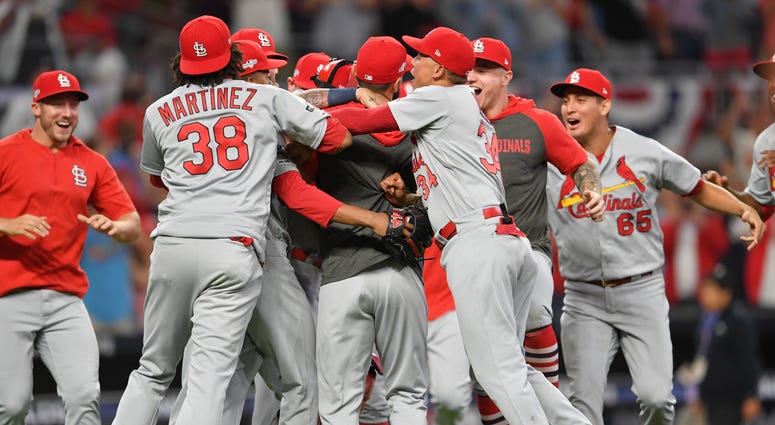 Oct 9, 2019; Atlanta, GA, USA; Members of the St. Louis Cardinals celebrate after defeating the Atlanta Braves in game five of the 2019 NLDS playoff baseball series at SunTrust Park. Mandatory Credit: Dale Zanine-USA TODAY Sports Oct 9, 2019; Atlanta, GA, USA; Members of the St. Louis Cardinals celebrate after defeating the Atlanta Braves in game five of the 2019 NLDS playoff baseball series at SunTrust Park. Mandatory Credit: Dale Zanine-USA TODAY Sports