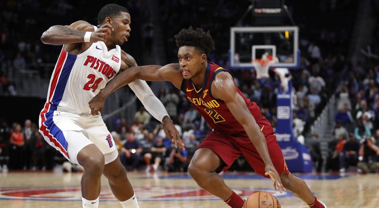 Oct 11, 2019; Detroit, MI, USA; Cleveland Cavaliers guard Collin Sexton (2) drives against Detroit Pistons guard Joe Johnson (24) during the fourth quarter at Little Caesars Arena. Mandatory Credit: Raj Mehta-USA TODAY Sports Oct 11, 2019; Detroit, MI, USA; Cleveland Cavaliers guard Collin Sexton (2) drives against Detroit Pistons guard Joe Johnson (24) during the fourth quarter at Little Caesars Arena. Mandatory Credit: Raj Mehta-USA TODAY Sports