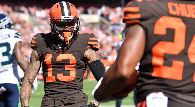 Cleveland Browns wide receiver Odell Beckham (13) celebrates with running back Nick Chubb (24) after Chubb scored a touchdown during the first half against the Seattle Seahawks at FirstEnergy Stadium. Cleveland Browns wide receiver Odell Beckham (13) celebrates with running back Nick Chubb (24) after Chubb scored a touchdown during the first half against the Seattle Seahawks at FirstEnergy Stadium.