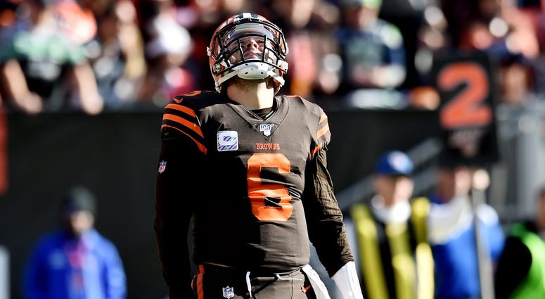 Oct 13, 2019; Cleveland, OH, USA; Cleveland Browns quarterback Baker Mayfield (6) reacts after throwing an interception during the second half against the Seattle Seahawks at FirstEnergy Stadium. Mandatory Credit: Ken Blaze-USA TODAY Sports