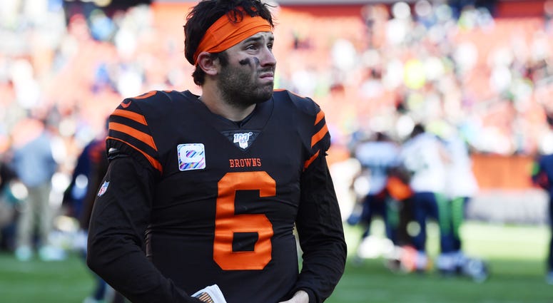 Cleveland Browns quarterback Baker Mayfield (6) leaves the field after the game between the Cleveland Browns and the Seattle Seahawks at FirstEnergy Stadium.