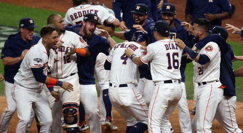 Oct 19, 2019; Houston, TX, USA; The Houston Astros celebrate after defeating the New York Yankees in game six of the 2019 ALCS playoff baseball series at Minute Maid Park. The Houston Astros celebrate after defeating the New York Yankees in game six of the 2019 ALCS playoff baseball series at Minute Maid Park.