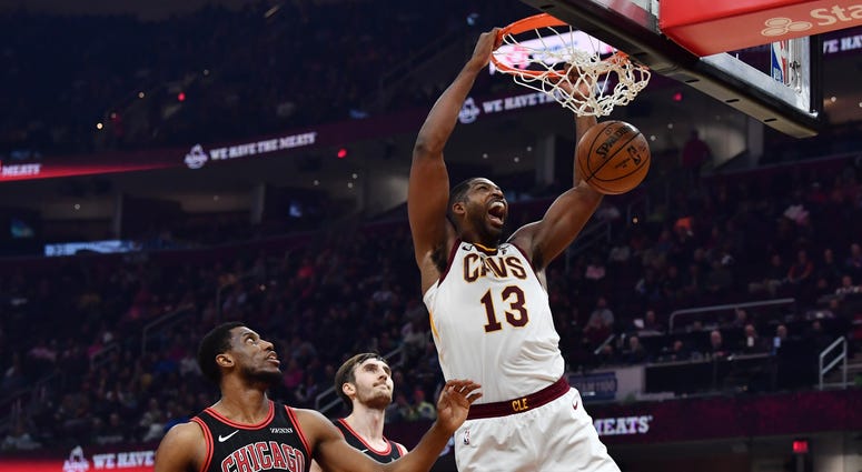 Oct 30, 2019; Cleveland, OH, USA; Cleveland Cavaliers center Tristan Thompson (13) dunks over Chicago Bulls forward Thaddeus Young (21) and forward Luke Kornet (2) during the first half at Rocket Mortgage FieldHouse. Mandatory Credit: Ken Blaze-USA TODAY Oct 30, 2019; Cleveland, OH, USA; Cleveland Cavaliers center Tristan Thompson (13) dunks over Chicago Bulls forward Thaddeus Young (21) and forward Luke Kornet (2) during the first half at Rocket Mortgage FieldHouse. Mandatory Credit: Ken Blaze-USA TODAY
