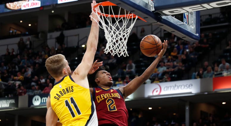 Cleveland Cavaliers guard Collin Sexton (2) takes a shot against Indiana Pacers forward Domantas Sabonis (11) during the fourth quarter at Bankers Life Fieldhouse. Cleveland Cavaliers guard Collin Sexton (2) takes a shot against Indiana Pacers forward Domantas Sabonis (11)