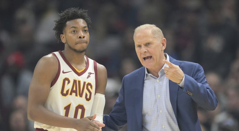 Nov 5, 2019; Cleveland, OH, USA; Cleveland Cavaliers head coach John Beilein talks to guard Darius Garland (10) in the second quarter against the Boston Celtics at Rocket Mortgage FieldHouse. Mandatory Credit: David Richard-USA TODAY Sports Nov 5, 2019; Cleveland, OH, USA; Cleveland Cavaliers head coach John Beilein talks to guard Darius Garland (10) in the second quarter against the Boston Celtics at Rocket Mortgage FieldHouse. Mandatory Credit: David Richard-USA TODAY Sports