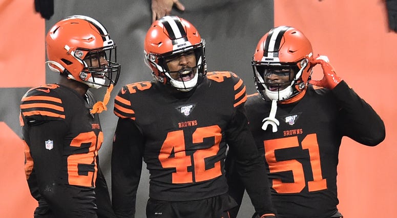 Nov 14, 2019; Cleveland, OH, USA; Cleveland Browns strong safety Morgan Burnett (42) celebrates with free safety Damarious Randall (23) and linebacker Mack Wilson (51) after an interception during the first half against the Pittsburgh Steelers at FirstEne Cleveland Browns strong safety Morgan Burnett (42) celebrates with free safety Damarious Randall (23) and linebacker Mack Wilson (51)