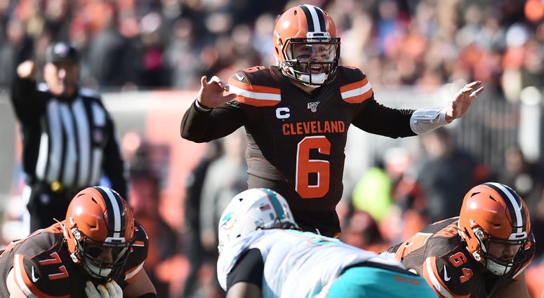 Nov 24, 2019; Cleveland, OH, USA; Cleveland Browns quarterback Baker Mayfield (6) calls a play during the first half against the Miami Dolphins at FirstEnergy Stadium. Cleveland Browns quarterback Baker Mayfield