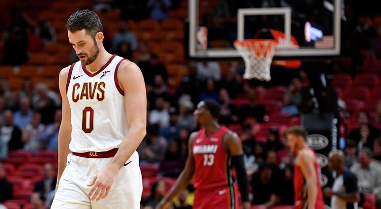 Nov 20, 2019; Miami, FL, USA; Cleveland Cavaliers forward Kevin Love (0) reacts against the Miami Heat during the first half at American Airlines Arena. Mandatory Credit: Steve Mitchell-USA TODAY Sports Nov 20, 2019; Miami, FL, USA; Cleveland Cavaliers forward Kevin Love (0) reacts against the Miami Heat during the first half at American Airlines Arena. Mandatory Credit: Steve Mitchell-USA TODAY Sports
